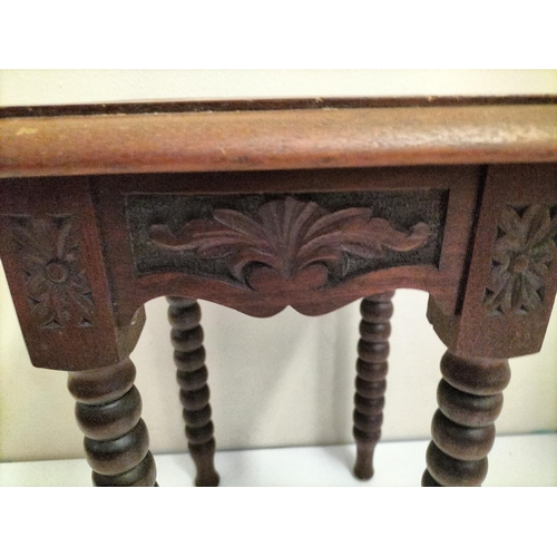 382 - Bobbin Legged Carved Top Small Table. 46cm High, 32cm x 32cm. This Lot is Collection Only.