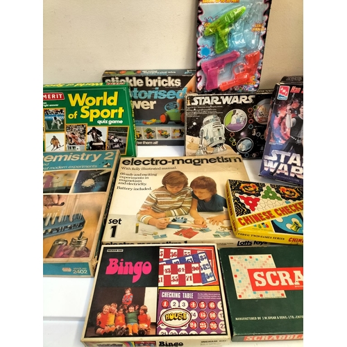 511 - Box of Mixed Vintage Games to include Star Wars, Scrabble, Stickle Bricks, Chemistry 2, etc.