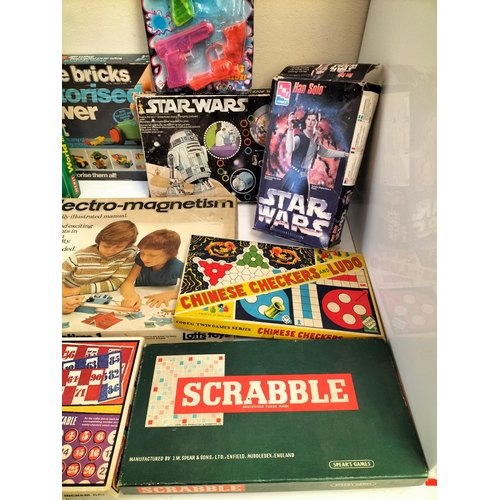 511 - Box of Mixed Vintage Games to include Star Wars, Scrabble, Stickle Bricks, Chemistry 2, etc.