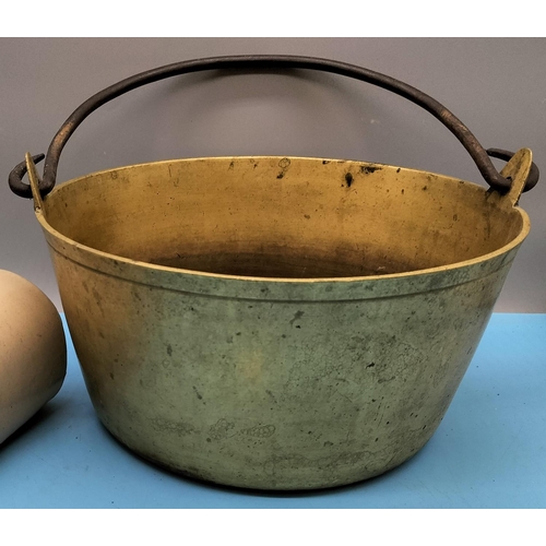 611 - Brass Jam Pan with Forged Metal Handle. 26.5cm Diameter, 16cm High plus Stone Hot Water Bottle.