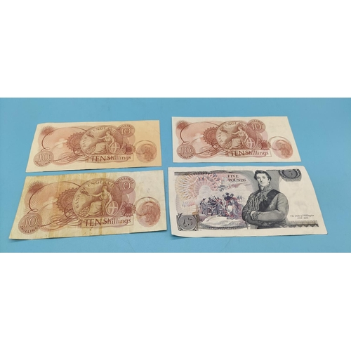 733 - 4 x Bank of England Notes - 3 x 10 Shilling Notes plus a £5 Note.