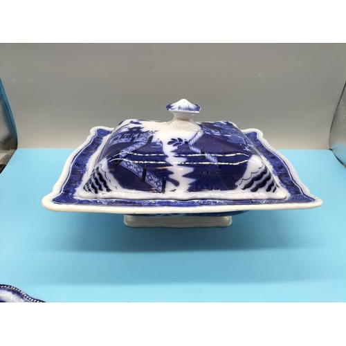 348 - Flow Blue Lidded Tureen (28cm x 22cm x 17cm), 3 x 22cm Plates plus Dish.