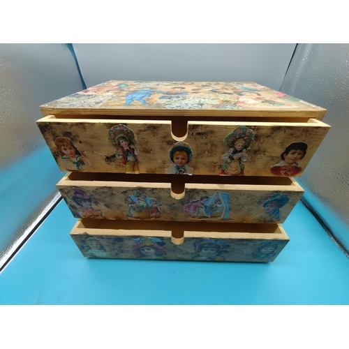 392 - Wooden 3 Drawer Cabinet Decorated with Victorian Scraps. 25cm High, 35cm x 26cm.