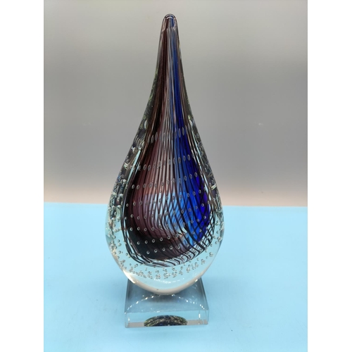 274 - Art Glass Teardrop Sculpture on Stand. 27cm Tall, 12cm Long.