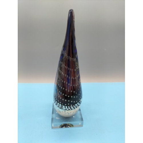 274 - Art Glass Teardrop Sculpture on Stand. 27cm Tall, 12cm Long.