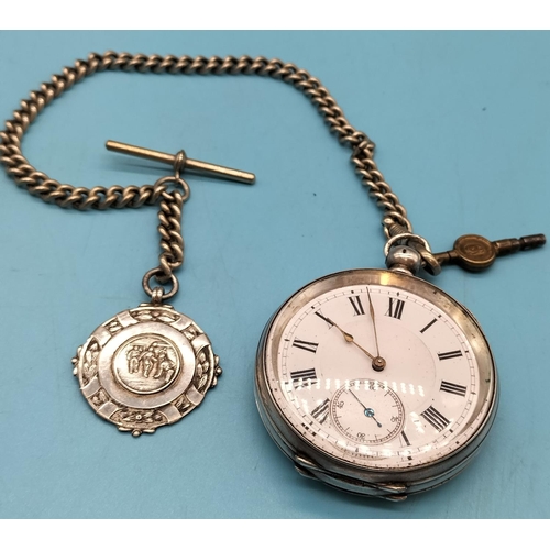 276 - 935 Silver Cased Pocket Watch with Plated Watch Chain plus Hallmarked Silver Fob and Key W/O