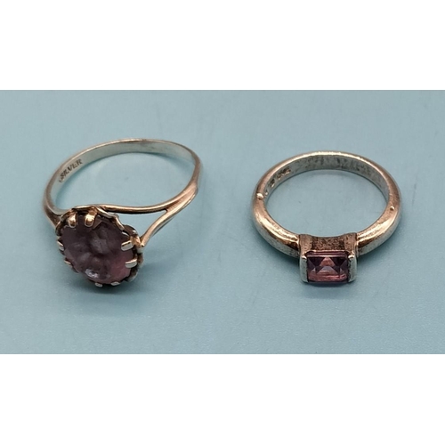 557 - 2 x Silver 925 and Amethyst Stone Rings, Size T and O plus Pair of Amethyst Stone Earrings.