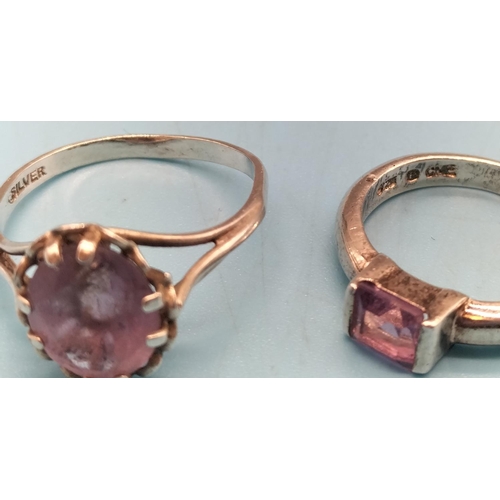 557 - 2 x Silver 925 and Amethyst Stone Rings, Size T and O plus Pair of Amethyst Stone Earrings.