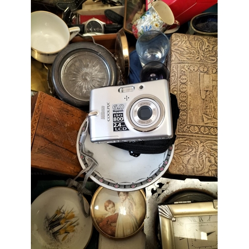 578 - Box of Mixed Glass, Pottery, Metal Ware, Cameras, etc.