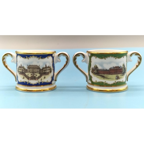 673 - 2 x Royal Doulton Miniature 4cm Twin Handled Mugs depicting Royal Birthplaces