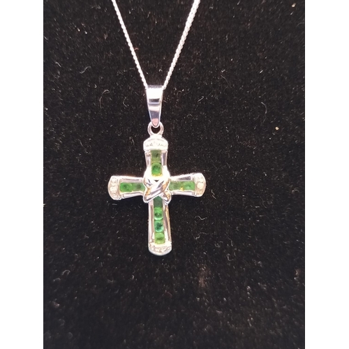 693 - 9ct 375 White Gold Necklace with Emerald and Diamond Cross.