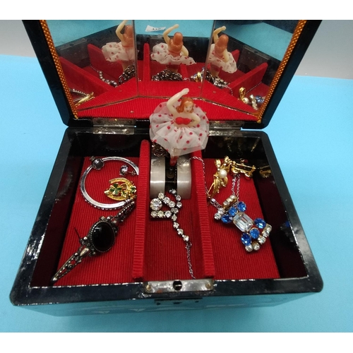 775 - Vintage Oriental Musical Jewellery Box plus Contents. 11cm x 15cm.