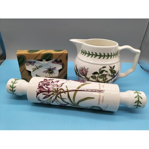 783 - Portmeirion Botanic Garden 15cm Jug, Rolling Pin and Boxed Teaspoon Rest.