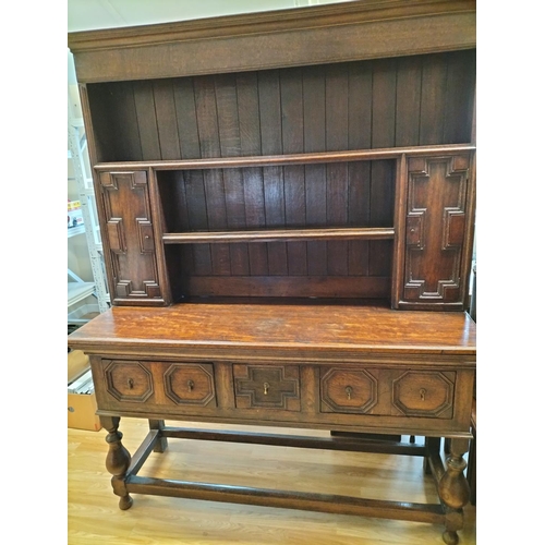 351A - George III Oak Three Drawer Dresser with Plate Rack Cabinet Back and Moulded Edge Features. 190cm Hi... 