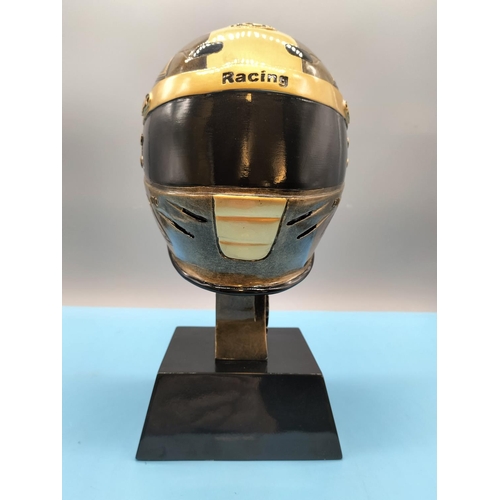 182 - Bronze Effect Motorcycle Helmet Bust. 30cm High.