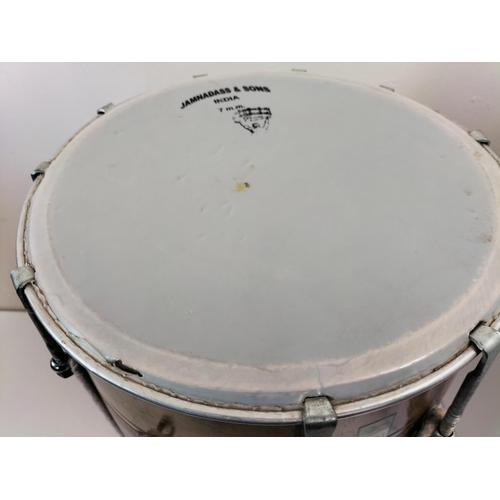 105 - Jamuna Dass & Sons, India 7 m.m Double Ended Drum. 60cm High. Requires Re-Skinning to One End.