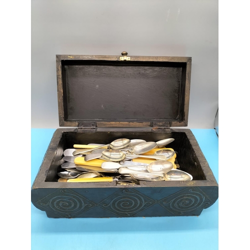 107 - Wood and Tin Box containing Vintage and Modern Silver Plate Cutlery. Box Size 14cm High, 32cm x 15cm... 