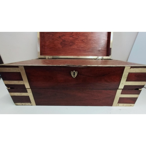 15 - Lovely Brass Banded Mahogany Campaign Writing Slope/Box c1900. 53cm x 30cm x 22cm.