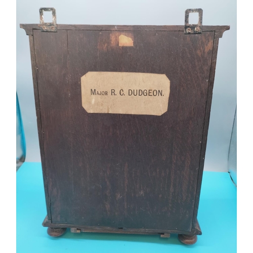 3 - Oak Lockable Cabinet with One Shelf and Two Drawers. With Key. Paper Label to Back 'Major R.C.Dudgeo... 