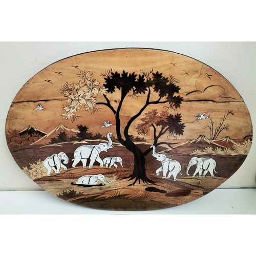 4 - 2 x Wooden Elephant Scene Plaques with Marquetry Inlay. 60cm x 35cm.