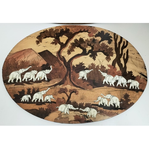 4 - 2 x Wooden Elephant Scene Plaques with Marquetry Inlay. 60cm x 35cm.