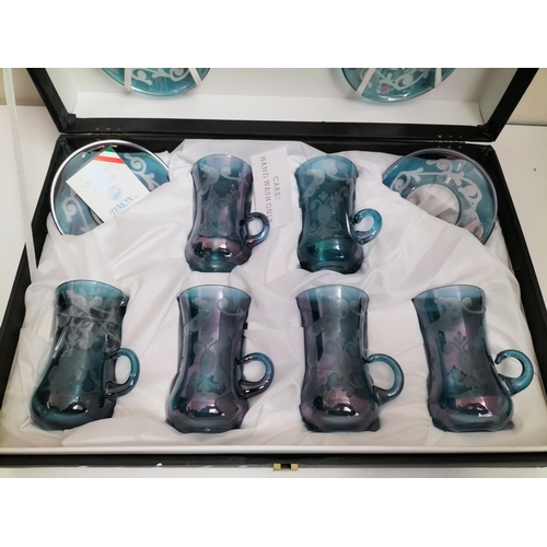 56 - Boxed Timon Italian Glass Coffee Set with Blue Etched Design. One Glass Damaged.