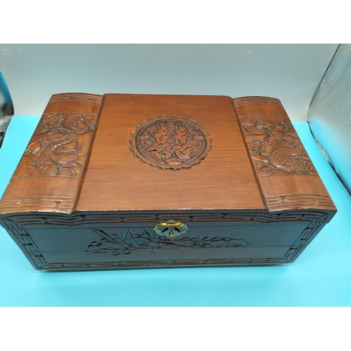 6 - Chinese Design Wooden Jewellery Box. 14cm High, 33.5cm x 20.5cm.