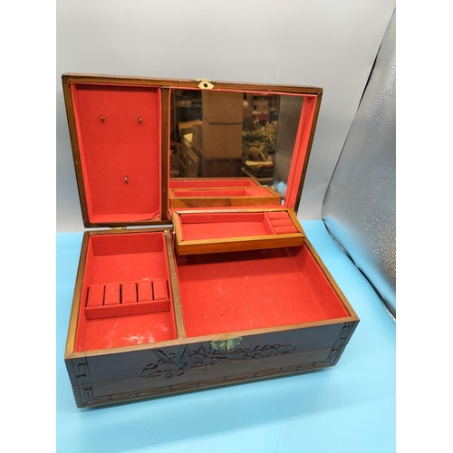 6 - Chinese Design Wooden Jewellery Box. 14cm High, 33.5cm x 20.5cm.