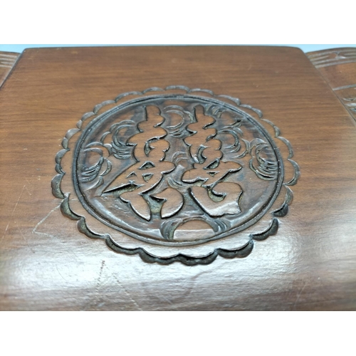 6 - Chinese Design Wooden Jewellery Box. 14cm High, 33.5cm x 20.5cm.