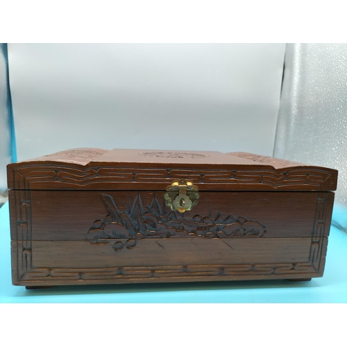 6 - Chinese Design Wooden Jewellery Box. 14cm High, 33.5cm x 20.5cm.