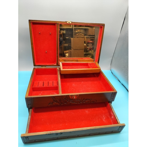 6 - Chinese Design Wooden Jewellery Box. 14cm High, 33.5cm x 20.5cm.