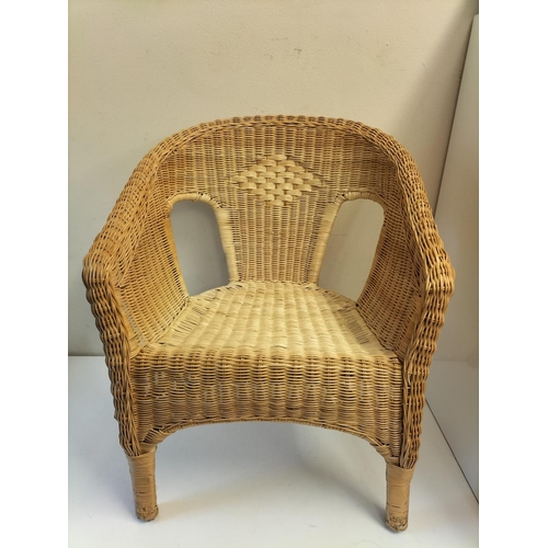 640 - Wicker Conservatory Chair plus Red Fabric Pouffe. Chair Height 74cm, 56cm x 56cm. Seat Height 40cm. ... 