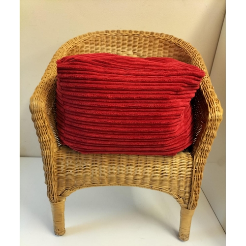 640 - Wicker Conservatory Chair plus Red Fabric Pouffe. Chair Height 74cm, 56cm x 56cm. Seat Height 40cm. ... 