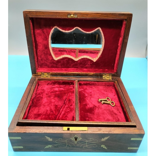 84 - Wood and Brass Inlay Jewellery Box. 10cm x 25cm x 18cm.