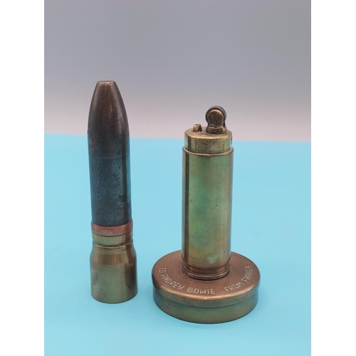 86 - Trench Art 19cm Lighter in the Shape of a Bullet. Inscribed to 'Audrey Bowie from Franek'.