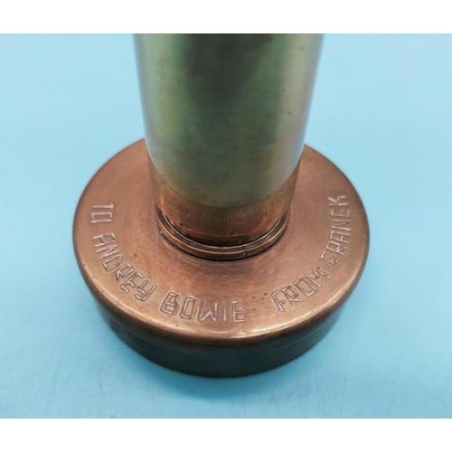 86 - Trench Art 19cm Lighter in the Shape of a Bullet. Inscribed to 'Audrey Bowie from Franek'.