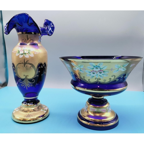 88 - Blue Glass 28cm Vase and 17cm Bowl (21cm Diameter) with Gold and Enamelled Flowers.