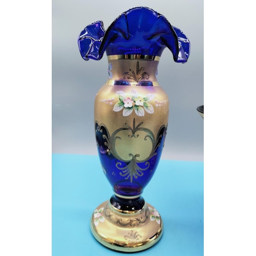 88 - Blue Glass 28cm Vase and 17cm Bowl (21cm Diameter) with Gold and Enamelled Flowers.