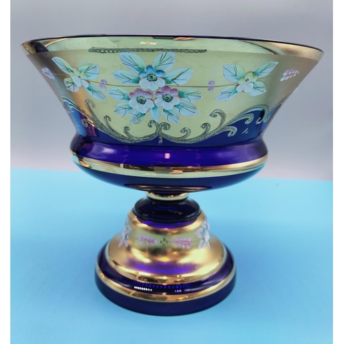 88 - Blue Glass 28cm Vase and 17cm Bowl (21cm Diameter) with Gold and Enamelled Flowers.