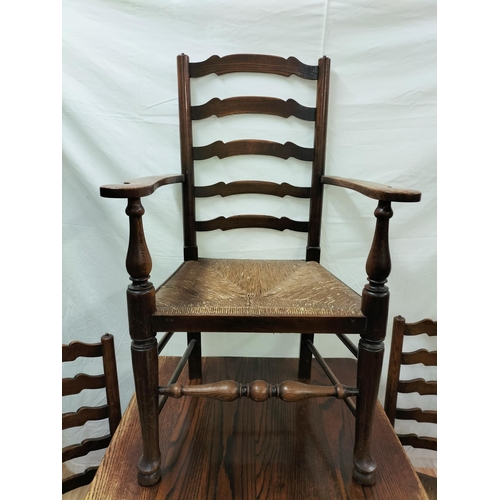 30 - Oak Refectory Dining Table with Set of 4 Oak Country Ladder Back Chairs with Rush Seats plus Carver.... 