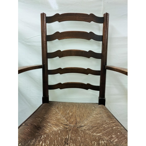 30 - Oak Refectory Dining Table with Set of 4 Oak Country Ladder Back Chairs with Rush Seats plus Carver.... 