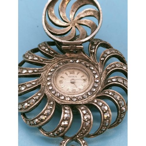 43 - Titus Hallmarked Silver Watch Brooch with Marcasite Stones.