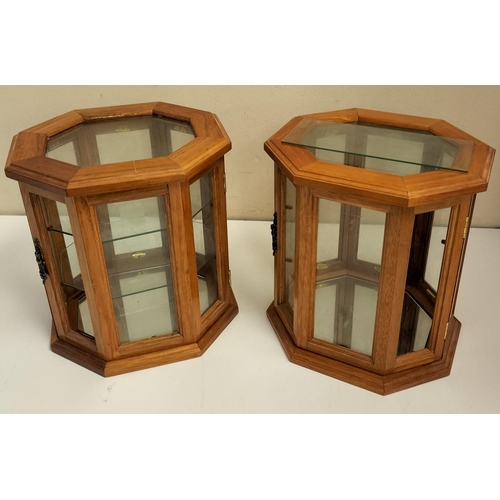 105 - 2 x Octagonal Pine and Glass Display Cases. 27cm High.  A/F Require Work.