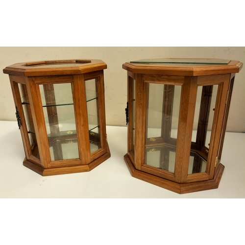 105 - 2 x Octagonal Pine and Glass Display Cases. 27cm High.  A/F Require Work.