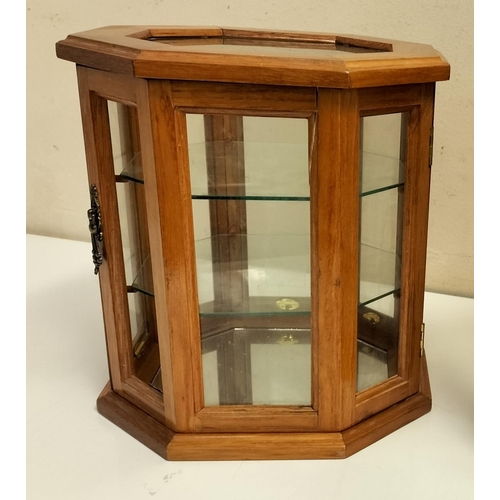 105 - 2 x Octagonal Pine and Glass Display Cases. 27cm High.  A/F Require Work.