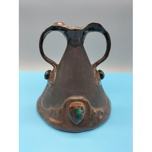 106 - c1890 Bretby Pottery Arts and Crafts Simulated Bronze with Ruskin Cabochons Twin Handled Vase. 19cm ... 