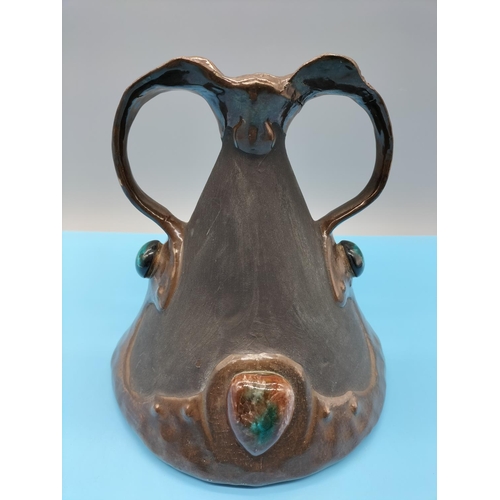 106 - c1890 Bretby Pottery Arts and Crafts Simulated Bronze with Ruskin Cabochons Twin Handled Vase. 19cm ... 