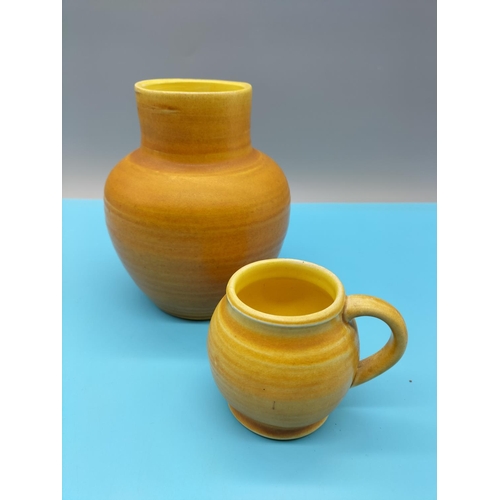 114 - c1900 Bretby Art Pottery Mustard Coloured 16cm Vase and Jug