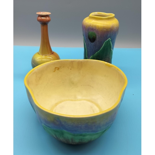 120 - 2 x Bretby Art Pottery Multi Coloured Items plus an Early Smaller Vase. Tallest Being 17cm. One with... 