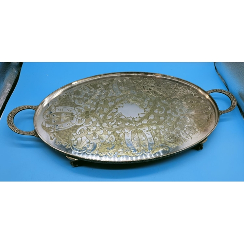 125 - Vintage Viners Chased Silver Plate Oval Footed Serving Tray. 55cm x 28cm.